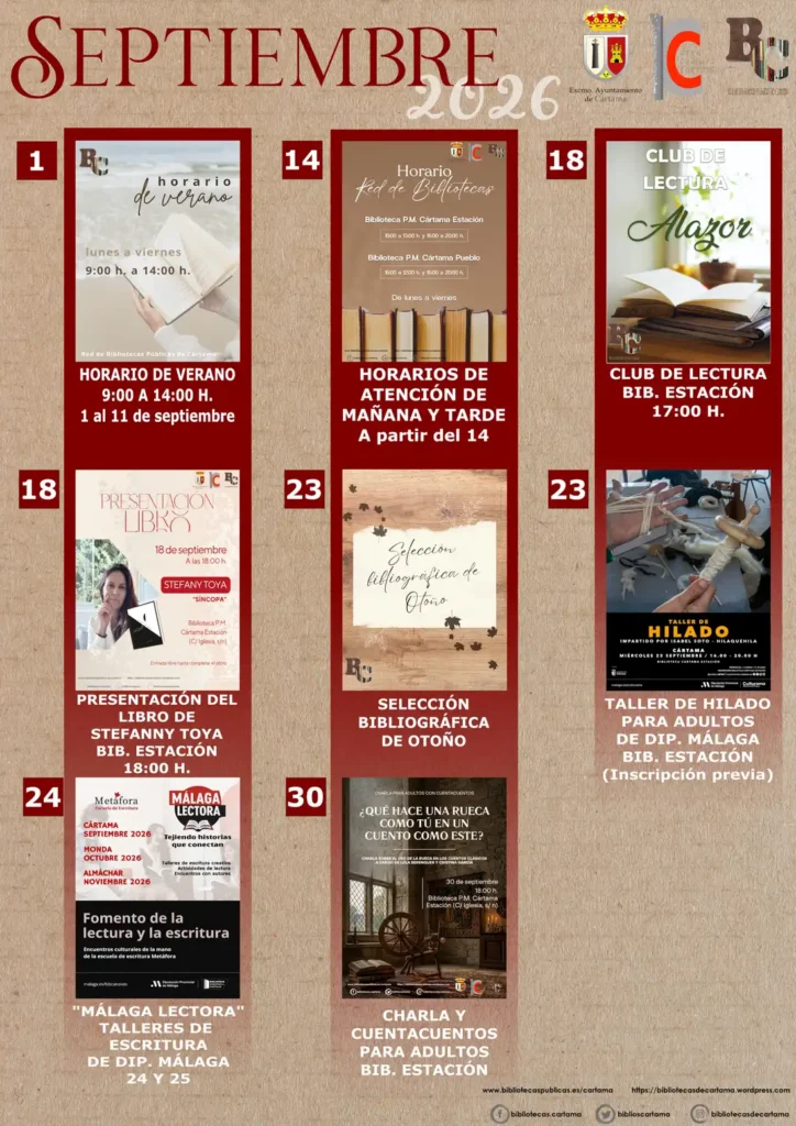 Las bibliotecas de Cártama estrenan programación de septiembre con clubes, talleres y encuentros literarios